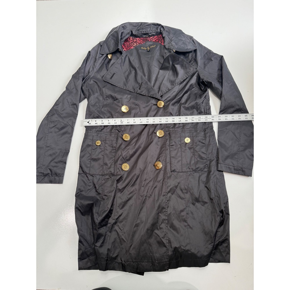 Baby‎ Phat Black Trench Coat Gold Logo Buttons Red Leopard Lining Y2K Womens Med - Picture 6 of 7